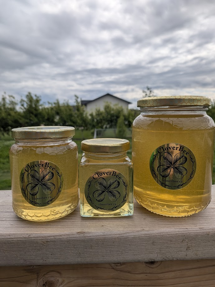 Three jars of CloverBee honey from our backyard apiary